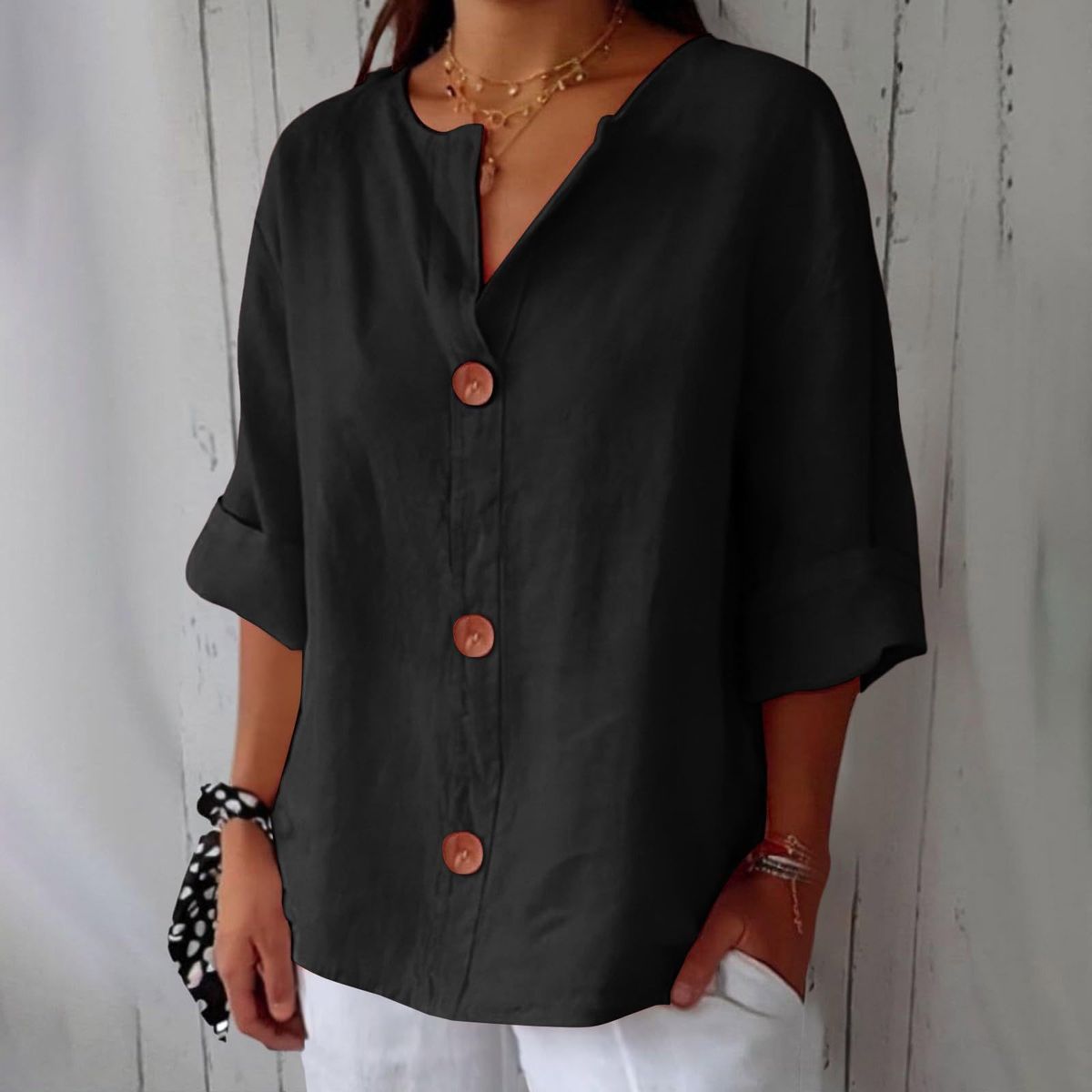 Women's Loose-Fit V-Neck Button-Up Shirt – 2026 Spring/Summer Casual Cotton Linen Blend Top, Breathable & Stylish For Everyday Wear_ecoleips.com