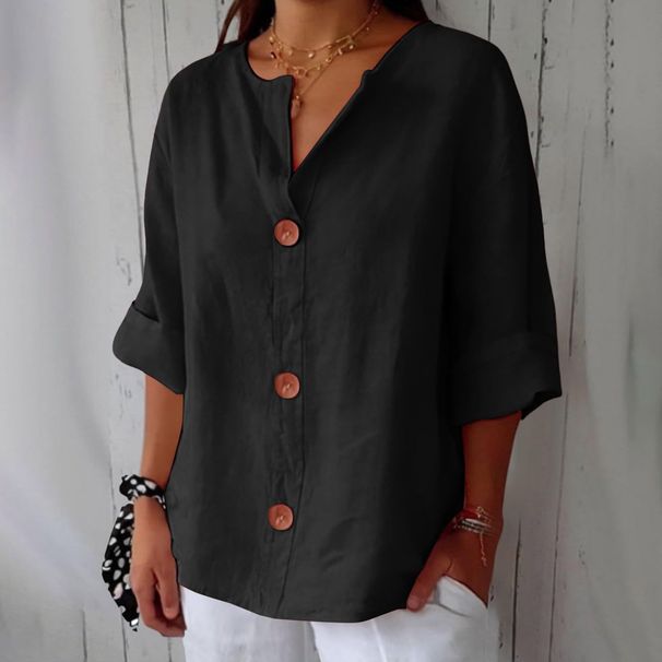 Women's Loose-Fit V-Neck Button-Up Shirt – 2026 Spring/Summer Casual Cotton Linen Blend Top, Breathable & Stylish For Everyday Wear_ecoleips.com