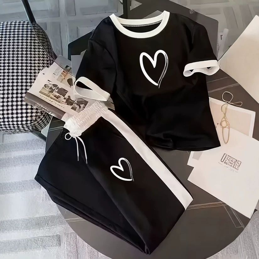 Women's Heart Print Summer Casual T-Shirt And Sweatpants Two-Piece Set American Style Clothing_ecoleips.com