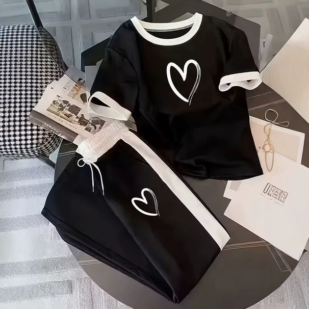 Women's Heart Print Summer Casual T-Shirt And Sweatpants Two-Piece Set American Style Clothing_ecoleips.com