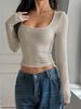 Women's Y2K Square Neck Long Sleeve T-Shirt Slimming Ribbed Base Layer Top Solid Color Autumn Style European And American Fashion_ecoleips.com