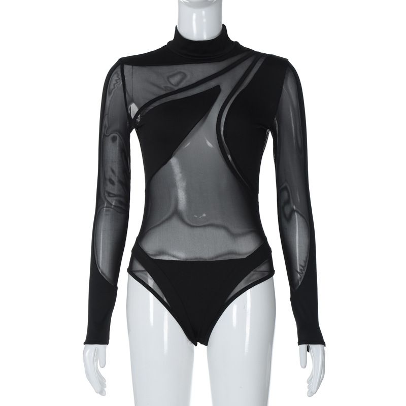 Hot-Selling Women's Fashion 2025 Autumn New Sexy Mesh Patchwork Sheer Slim-Fit Long-Sleeve Bodysuit Wholesale_ecoleips.com