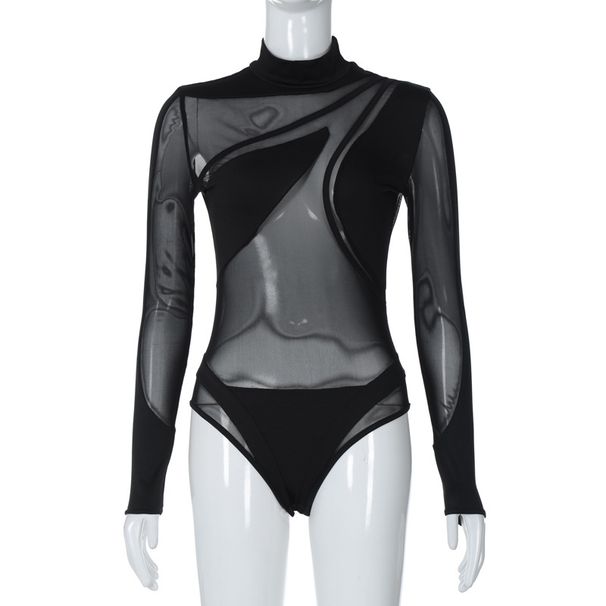 Hot-Selling Women's Fashion 2025 Autumn New Sexy Mesh Patchwork Sheer Slim-Fit Long-Sleeve Bodysuit Wholesale_ecoleips.com