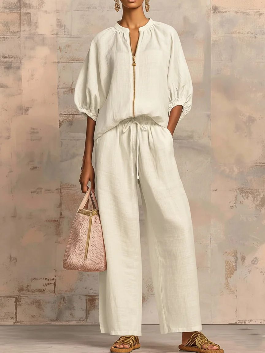 Summer Women's Wide Leg Pants Set Casual Loose Solid Color Zipper Round Neck Top With Wide Leg Pants Clothing Suit_ecoleips.com