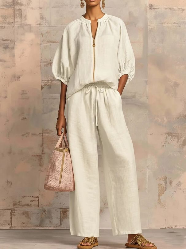 Summer Women's Wide Leg Pants Set Casual Loose Solid Color Zipper Round Neck Top With Wide Leg Pants Clothing Suit_ecoleips.com
