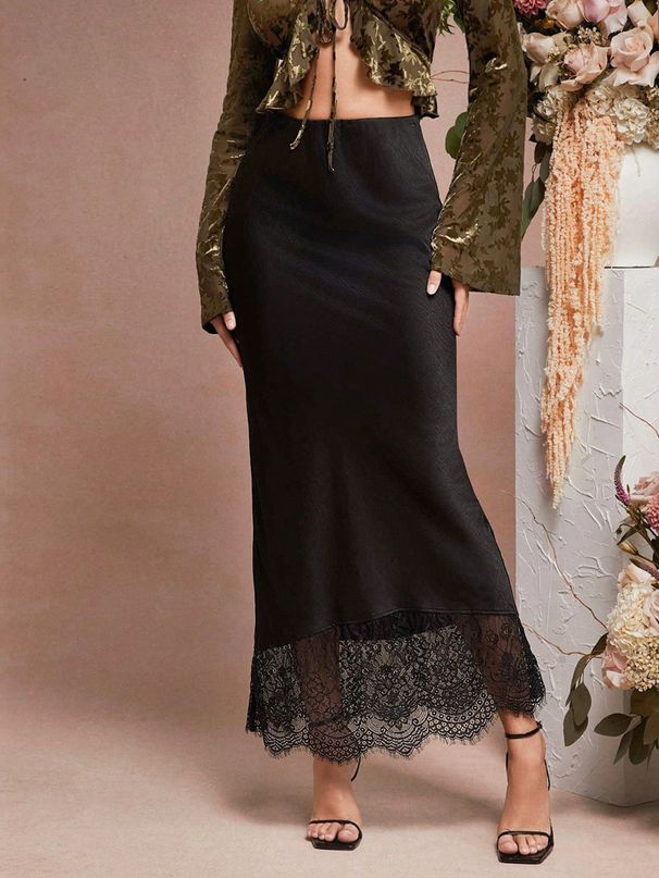 Women's Clothing Elegant High-End Satin Midi Skirt For Women With Lace Trim For Formal & Casual For Women_ecoleips.com