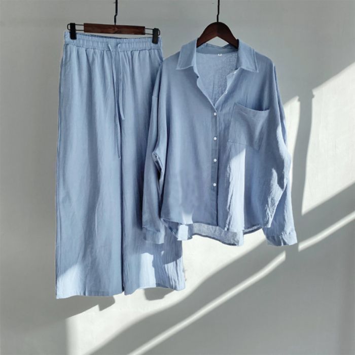 Women's Plus Size Vintage Linen-Look Shirt & High-Waisted Pants Set – Relaxed Fit 2-Piece Outfit In 14 Colors (M-4xl, Wrinkle-Resistant, Breathable)_ecoleips.com
