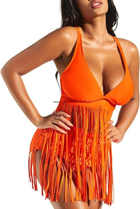 Women's Sexy Tassel Bikini Swimsuit Solid Color Two Piece plus Size New European And American Cross Border_ecoleips.com