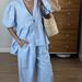 Women's Sweet Solid Color 2-Piece Set V Neck Top with Bubble Short Sleeves Pure Cotton Spring Summer New Cross Border European American Style_ecoleips.com