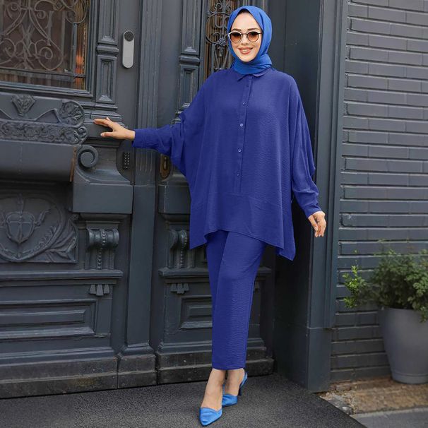 Women’s Clothing Muslim women's bat sleeve loose comfortable casual shirt suit solid color two piece suit_ecoleips.com