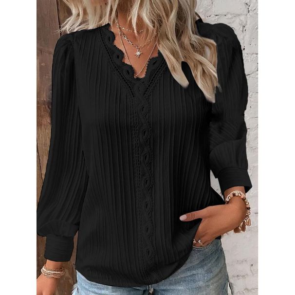 2026 Spring And Autumn Long Sleeve V-Neck Lace Stitched Shirts Women's Shirts Women's Tops Wholesale_ecoleips.com