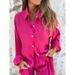 Verve 2025 New Women's Casual Solid Color Cotton Linen Shorts Long Sleeve Wrinkled Fabric Shirt Two-Piece Set_ecoleips.com