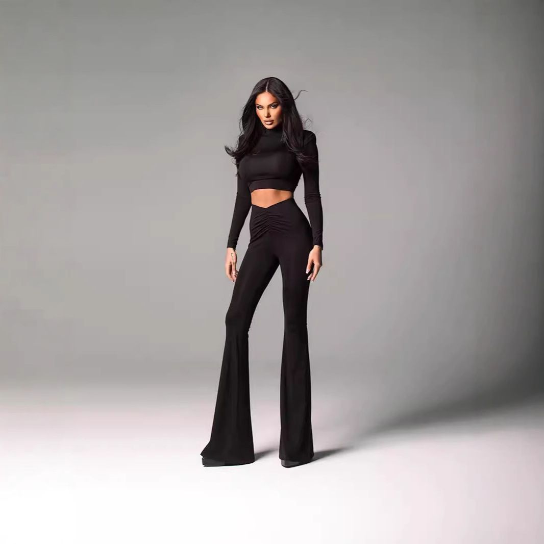 Women's Elegant Two Piece Set European American Style Fashion round Neck Long Sleeve Slim Fit Crop Top with Pleated Flared Trousers_ecoleips.com
