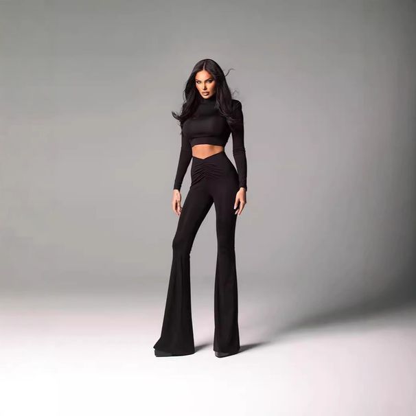 Women's Elegant Two Piece Set European American Style Fashion round Neck Long Sleeve Slim Fit Crop Top with Pleated Flared Trousers_ecoleips.com