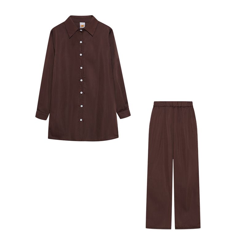 Women's Clothing long sleeved temperament commuter skin color linen solid color slit long shirt and wide leg pants set_ecoleips.com