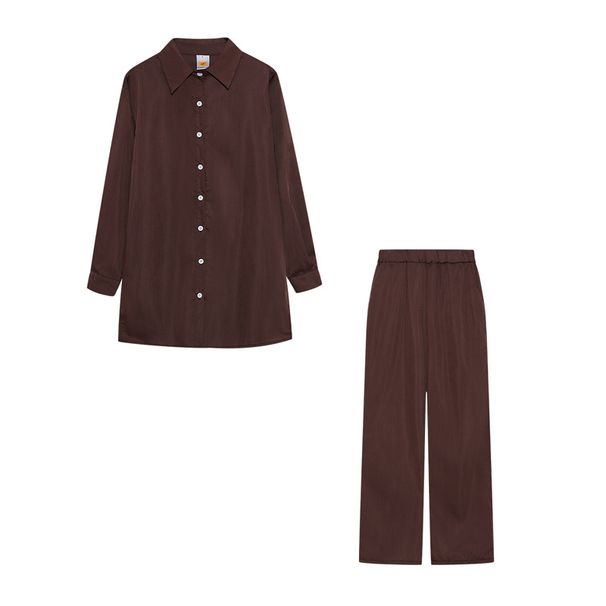 Women's Clothing long sleeved temperament commuter skin color linen solid color slit long shirt and wide leg pants set_ecoleips.com
