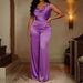 Champagne Gold Satin Jumpsuit For Women, Elegant Draped Neck Wide-Leg Romper, Luxe Evening Wear And Party Outfit_ecoleips.com