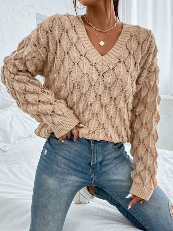 Classic V-Neck Knit Sweater For Women – Lightweight Long Sleeve Pullover (S-XL) | Breathable Polyester Casual Top_ecoleips.com