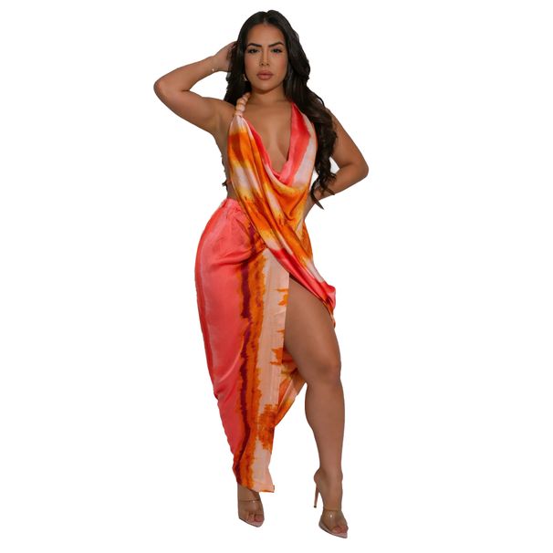 Women's Clothing Deep V Neck Beaded Halter Neck Sexy High Slit Printed Pattern Satin Texture Dress_ecoleips.com