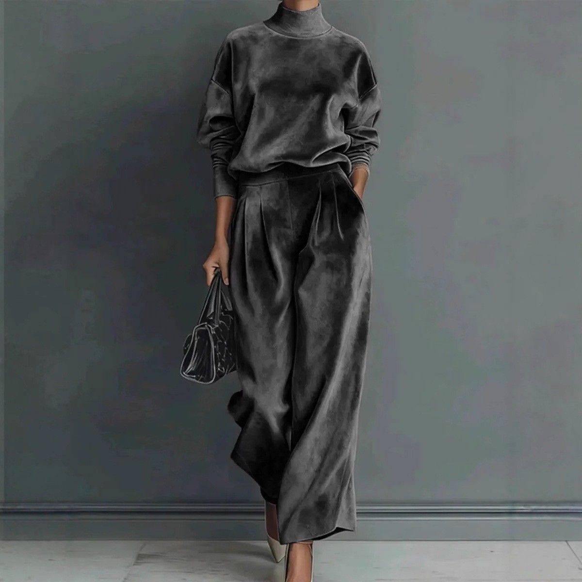 Women's Fashion Sportswear Set Gold Velvet High Neck Wide Leg Pants Long Sleeved Solid Color Autumn Winter Casual Cross Border Foreign Trade_ecoleips.com