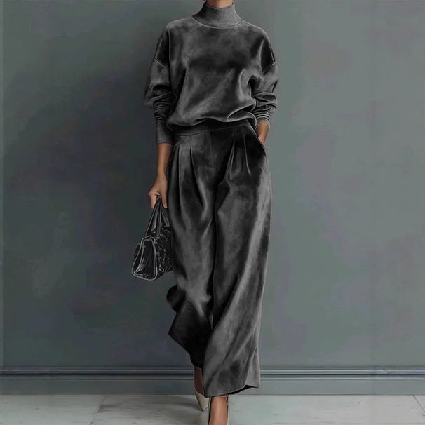 Women's Fashion Sportswear Set Gold Velvet High Neck Wide Leg Pants Long Sleeved Solid Color Autumn Winter Casual Cross Border Foreign Trade_ecoleips.com