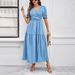 Spring Summer Women Elegant Solid Color V Neck Short Sleeve Big Swing Flared Long Maxi Dress_ecoleips.com