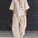 Women's Fashion Two Piece Set American Style Casual V Neck Top Loose Short Sleeve High Waisted Trousers Solid Color_ecoleips.com