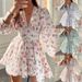 Women's Clothing Sweet Print V Neck Lace Short Long Sleeve Pleated Dress_ecoleips.com