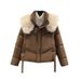 Women's Short Cotton Jacket With Large Fur Collar – Petite Winter Coat (Black/White/Espresso/Violet)_ecoleips.com