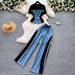 Retro Patchwork Denim Set for Women Short Sleeved Hong Kong Style Summer Casual Straight Leg Pants Two Piece Slimming Outfit_ecoleips.com