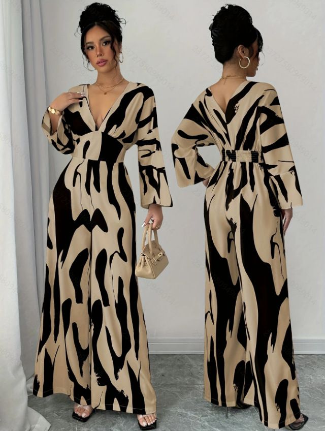 Women's Stylish Jumpsuit With Random Black-Brown Pattern – Flowy Wide-Leg Design & Ruching Detail For Casual Chic_ecoleips.com