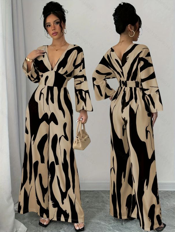 Women's Stylish Jumpsuit With Random Black-Brown Pattern – Flowy Wide-Leg Design & Ruching Detail For Casual Chic_ecoleips.com
