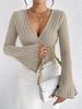 Ladies' Autumn And Winter Apricot-colored V-neck Long-sleeved Slim Striped T-shirt Knitted Sweater, Sexy Knitted Top_ecoleips.com