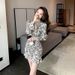 2026 Spring And Autumn New Style Stand Collar Pleated Waist-Cinching Asymmetrical Skirt Elegant Slimming Floral Dress_ecoleips.com