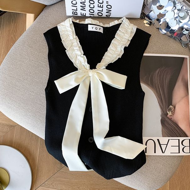 Women's Clothing Summer New Ins Pure Desire Style Bow Sleeveless T Shirt Vest Ice Silk Sweater Female_ecoleips.com