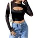 European And American Cross-border 2026 New Sexy Front-cutout Mesh Splicing Long-sleeve Short T-shirt Slimming Top For_ecoleips.com