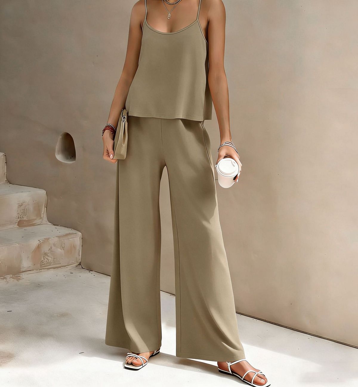 Women's Elegant Two Piece Set Solid Color Round Neck Camisole Wide Leg Pants Bestseller_ecoleips.com