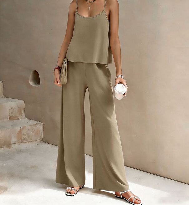 Women's Elegant Two Piece Set Solid Color Round Neck Camisole Wide Leg Pants Bestseller_ecoleips.com