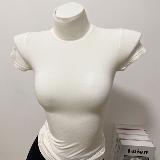 Chao High Neck Short Sleeve T-Shirt for Women Skin Friendly Soft Sheer Sexy Form Fitting Solid Color Top New Black Style_ecoleips.com