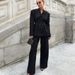 Women's Black V-Neck Pleated Blazer & Pants Set – Tailored Waist-Cinching Suit For Fall_ecoleips.com