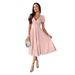Commuter Solid Color V-Neck Waist Puff Sleeve Big Swing Dress Women's Clothing_ecoleips.com