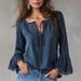 Navy Blue Lace-Collar Cotton-Linen Shirt – Vintage-Inspired, V-Neck, Bell Sleeves & Drawstring Detail_ecoleips.com