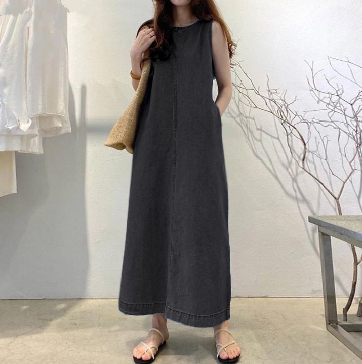 Women's Boho Denim Maxi Dress – Oversized Pocket & Sleeveless Casual Summer Dress_ecoleips.com