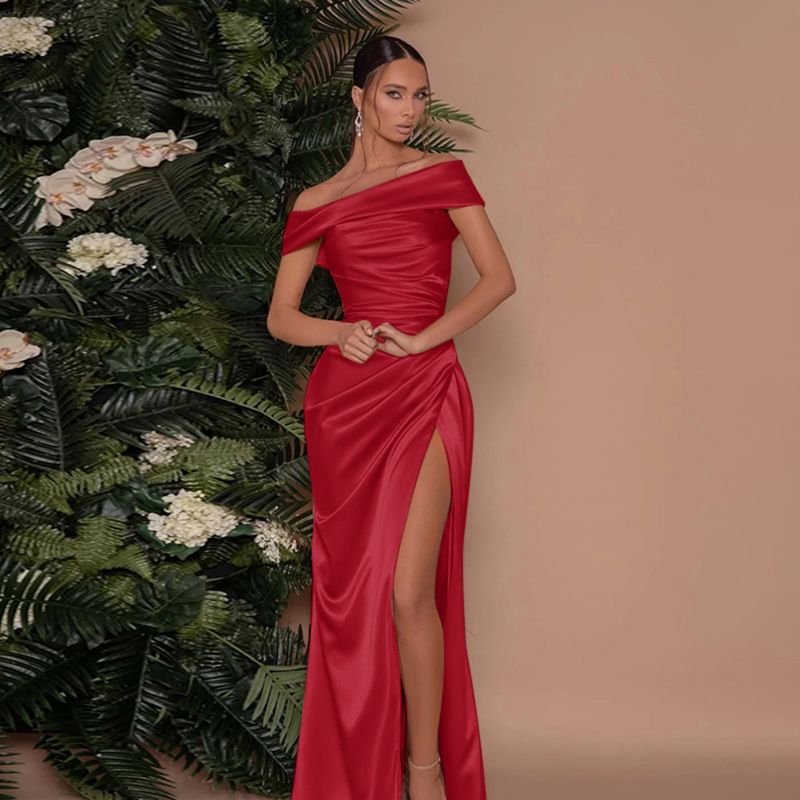 Women's Clothing One Shoulder Dress Slit Celebrity Style Temperament Sexy Slit Long Dress_ecoleips.com