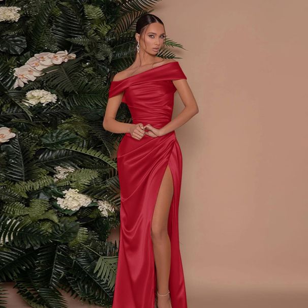 Women's Clothing One Shoulder Dress Slit Celebrity Style Temperament Sexy Slit Long Dress_ecoleips.com