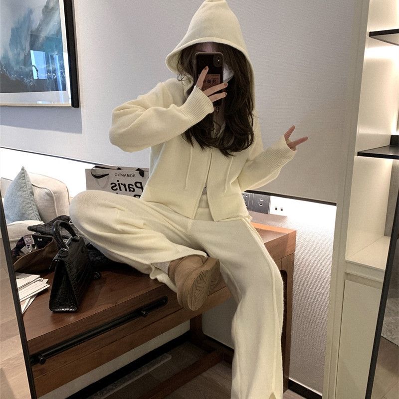 Lazy Sweater Set Women's Fall & Winter Hooded High-Waisted Knitted Jacket Slit Casual Wear Two-Piece Set_ecoleips.com