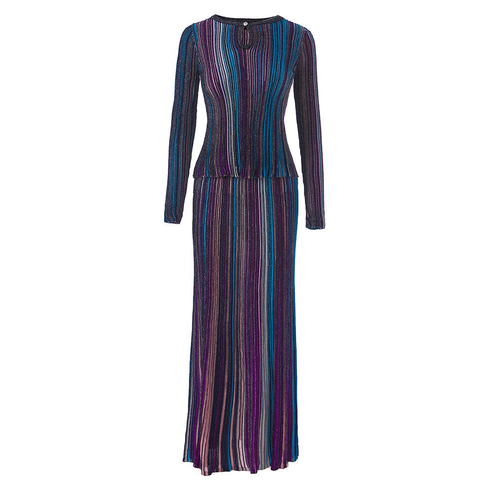 Women's Fashion Patchwork Long Sleeve Top And Elastic Waist Skirt Set Colorful Resort Style Knitted Clothing_ecoleips.com