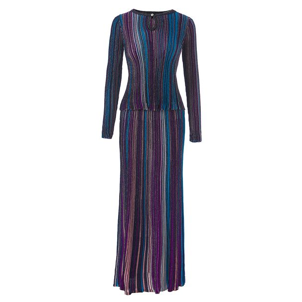 Women's Fashion Patchwork Long Sleeve Top And Elastic Waist Skirt Set Colorful Resort Style Knitted Clothing_ecoleips.com