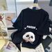 Women's White Round Neck Short Sleeve T-Shirt Cartoon Panda Design Summer 2024 Loose Fit Mid-Length Top For Wholesale_ecoleips.com
