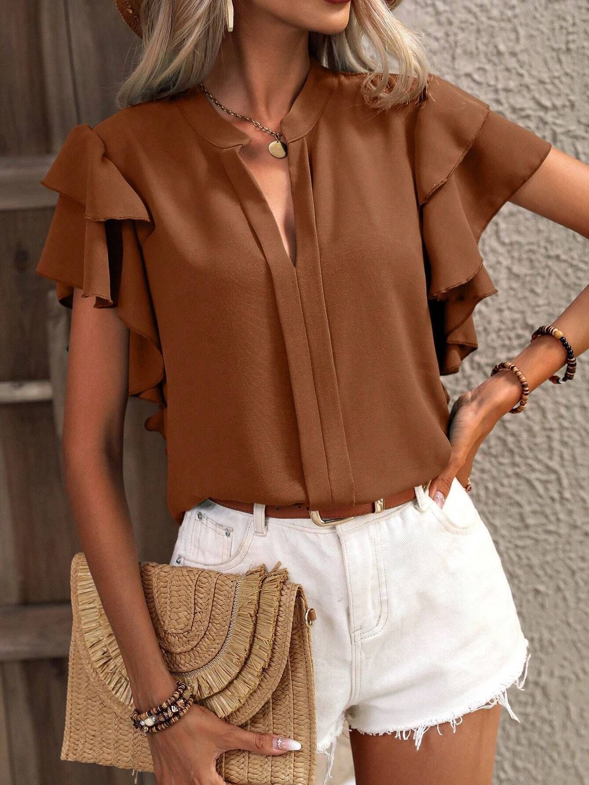 Women's Clothing Summer Women's V Neck Casual Shirt Double Layer Ruffle Sleeve Solid Color Top For Formal & Casual For Women_ecoleips.com